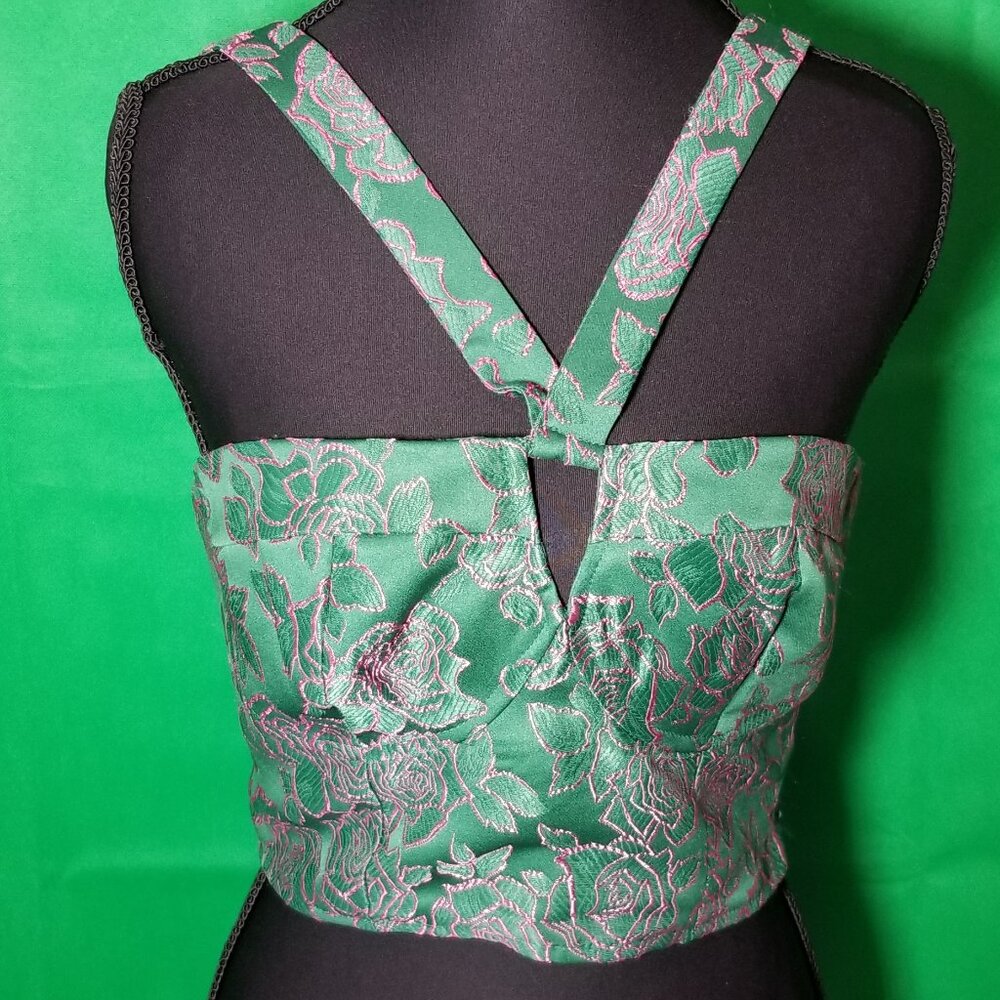 Lulus Womens Small Green Pink Embroidered Roses Cross Strap Top Cottagecore NWT